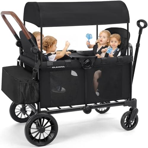 ELEMARA Wagon Stroller 4 Seater, Premium Stroller Wagon for 4 Kids, Foldable All-Terrain Wagon for Kids with Canopy, Adjustable Push/Pull Handles,Convertible High Seat&Organizer, Black - Image 1