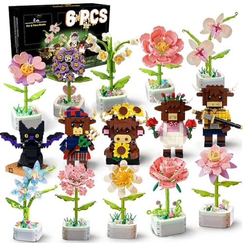 6 Set Flowers and Animal Building Blocks Blind Box -5 Flowers & 1 Animal (Highland Cow or Black Cat) Random Building Sets,A CreativeToy for Kids & Adults,Great for Desks or Farm Decor,Gift Ages 6+
