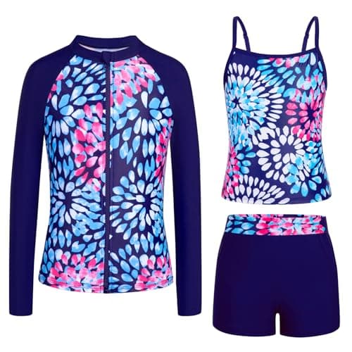 Seanrui Girls Swimsuits Size 10-12 Long Sleeve Rash Guard Teens Modest Full Coverage Bathing Suits Dark Blue Print - Image 1