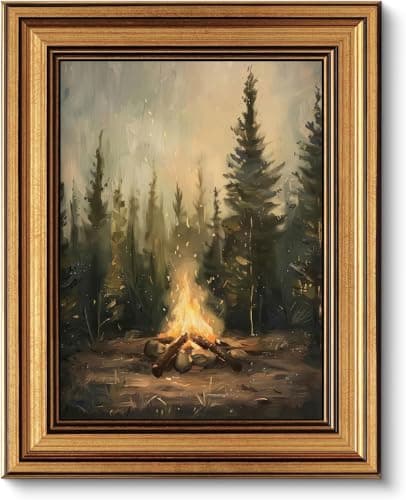 Gold Framed Wall Art, Rustic Campfire Canvas Prints, Vintage Forest Camping Cabin Picture Wall Decor, Dark Academia Woodland Nature Landscape Artwork for Living Room Bedroom 12x16 inch - Image 1