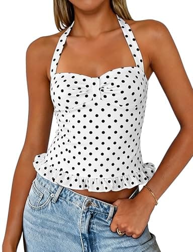 Lingswallow Polka Dot Halter Tops for Women Sleeveless Y2K Going Out Top Tie Up Backless Ruffle Hem 2026 Summer Camisole Crop Tank Top White Polka Dot Top - Image 1