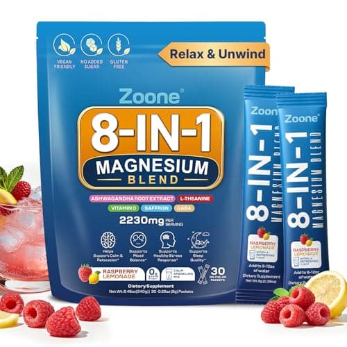 Zoone 8-in-1 Magnesium Glycinate Drink Mix Powder, Calm & Relaxation Supplement with L-Theanine, KSM-66 Ashwagandha, Saffron Extract, GABA & Vitamin D, Sugar-Free Raspberry Lemonade, 30 Packets - Image 1