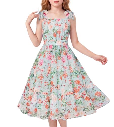 GRACE KARIN Girls Hawaiian Dress Floral Chiffon A-Line Sleeveless Summer Sundress for Beach Vacation Easter Party Green Size 8 - Image 1