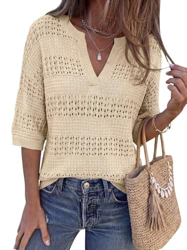 PRETTYGARDEN Summer V Neck Sweaters for Women Lightweight Short Sleeve Bohemian Crochet Top Swimsuit Cover Ups Clothing (Light Khaki, XX-Large) - Image 1
