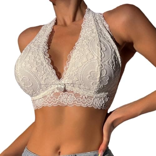Viomisha Floral Lace Halter Bralette for Women Unpadded Wirefree Lace Bra Halter Crop Top with Hook and Eye Closure Back White Lace Bralette - Image 1