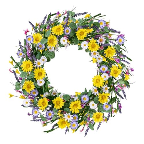 U'Artlines 22 Inch Spring Summer Wreaths for Front Door, Artificial Yellow Daisy Wreath with Lavender Green Eucalyptus Leaves, Large Silk Floral Wreath for All Seasons Window Wall Wedding Decor - Image 1