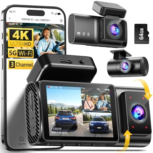 Dash Cam Front and Rear Inside - 3 Channel Dash Cam (4K+1080P+1080P) Built-in 5GHz WiFi APP & 64GB Card - Dashcam with IR Night Vision - Dash Camera for Cars Parking Mode G-Sensor Loop Recording(X7) - Image 1