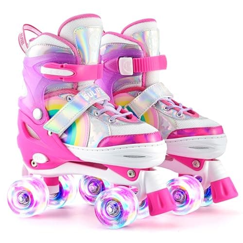 SULIFEEL Rainbow Unicorn 4 Size Adjustable Light up Roller Skates for Girls Boys for Kids Beginners Rollerskates Pink Small