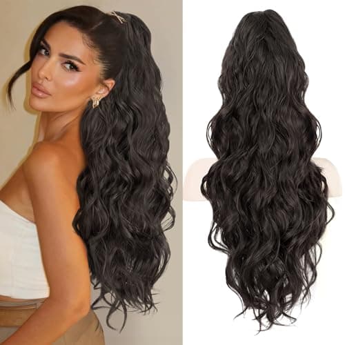 LRSICAL Ponytail Extension, 26 Inch Claw Clip Ponytail Extension Long Wave Ponytail Extensions for Women Fluffy Natural Synthetic Hairpiece for Daily Use Black Brown - Image 1