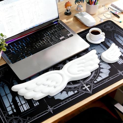 Angel Wing Wrist Rest Ergonomic Memory Foam Wrist Rest for Computer Keyboard Mouse Set with Cup Mat, Cute Gaming Keyboard Cushion Hand Support PU Leather Surface Anti-Slip Waterproof(White) - Image 1
