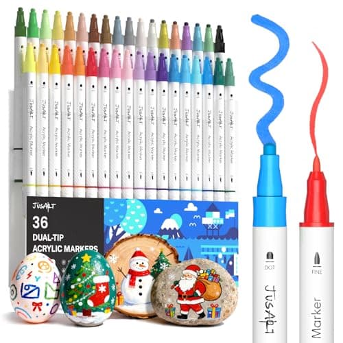 JusArt 36 Colors Acrylic Paint Markers, Dual Tip Coloring Markers with Dot and Fine Tip for Rock, Fabric, Wood, Glass, Ceramic, Canvas, Vibrant Art Supplies and DIY Crafts Art Supplies - Image 1