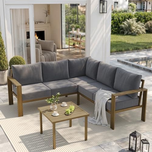UDPATIO 6 Piece Patio Furniture Set, Faux Wood Metal Outdoor Sectional Sofa with 6" Thick Olefin Cushions, Wide Armrest & Coffee Table, L Shaped Outdoor Furniture for Garden, Backyard Dark Grey - Image 1