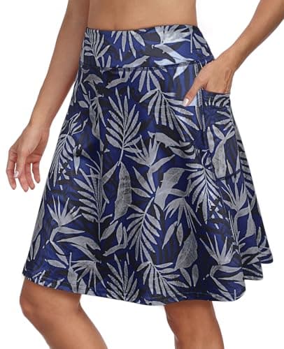 KORALHY Golf Skorts for Women with 4 Pockets 20" Knee Length Skirts Tennis Athletic Casual Skorts with Shorts Blue White Leaves XL - Image 1