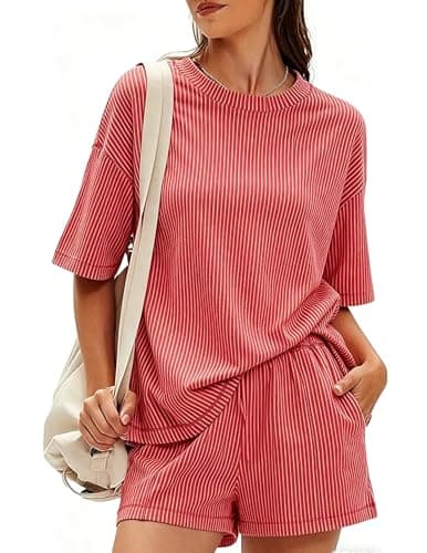 GraceSelect Womens 2 Piece Sets Summer Shorts Lounge Set Short Sleeve Matching Outfits Casual Sets With Pockets Red Orange - Image 1