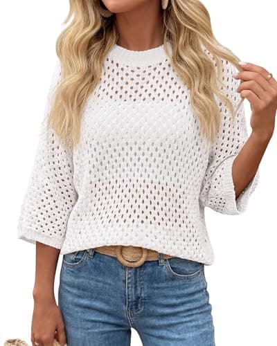 KIRUNDO Crochet Tops for Women Spring Summer Short Sleeve Hollow Out Loose Beach Sweater Lightweight Knit Cover Up Shirts White - Image 1