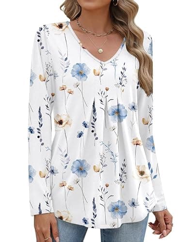Misakia Women Long Sleeve Top V Neck Casual Shirt Loose Fit Fall Blouse Trendy Tunic Clothes 2025 - Image 1