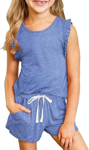 DOKOTOO KIDS Girls Summer Outfits Clothes Short Sleeve Tops and Shorts Athletic Set Trim Solid Cute little Girls Tank Short Sweats Suit Blue Size 4 5 Years - Image 1