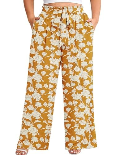 AusLook Plus Size Wide Leg Pants for Women High Waist Elastic Drawstring Palazzo Casual Lounge Beach Travel Vacation Resort White Flower Yellow 2X Pants with Pockets Flowy Summer Comfy Outfit - Image 1