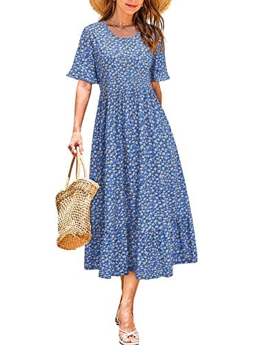 STYLEWORD Women's Summer 2025 Casual Short Sleeve Tiered Flowy Spring Dress Long Midi Beach Sundress Vacation Outfits(Floral09,XL) - Image 1