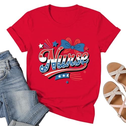 Nurse 4th of July Shirts for Women-Patriotic Nurse T-Shirt Red White Blue Bow Nurse Tees Top Nurses Inspirational Tee - Image 1