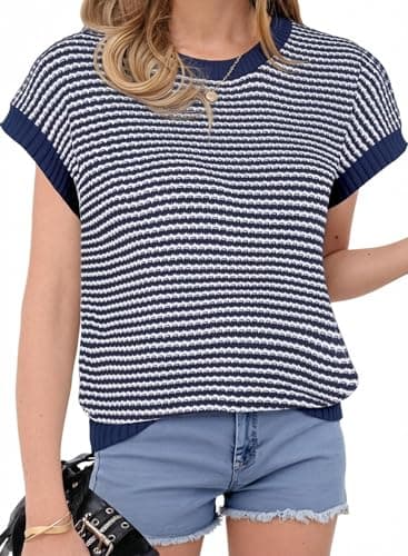 IPMQ Womens Striped Sweaters Vest Pullover Cap Sleeve Tank Tops Crew Neck Cable Knit Spring Summer Casual Outfits - Image 1