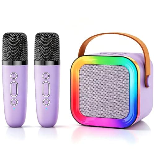 Kids Karaoke Machine Toy for Ages 3-12, Rechargeable Portable Bluetooth Speaker with 2 Wireless Mics, LED Lights Voice Changer, Christmas Birthday Gift for Boys Girls Grandkids (Purple -2) - Image 1