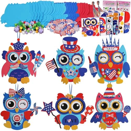 4th of July Patriotic Owl Craft Kits for Kids,36 Sets Owl Foam Shapes Stickers,Make Your Own Crafts Supplies with Red White Blue Flag Star for Classroom Activities,School Patriotic Party Favors - Image 1