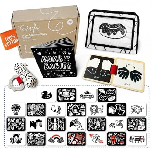 Quiggly High Contrast Baby Toy Set - Black and White Newborn Sensory Toys - Tummy Time Mirror, 25 Visual Stimulation Cards & Board Book - Infant Play Kit for Newborns 0-3 Months (Standard) - Image 1