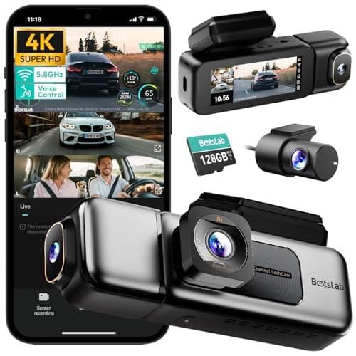 BOTSLAB 4K 3 Channel Dash Cam Front and Rear/Inside, 360°Dash Camera with 3.18" Touch Screen, Night Vision Dashcam, Voice Control, 24/7 Parking Mode Car Camera, Free 128GB Card 5.8GHz WiFi & GPS - Image 1