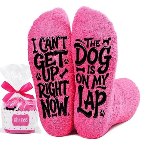 yuboo Dog Mom Gifts for Women - Birthday Gifts for Wife Girlfriend - Funny Novelty Dog Mom Socks - I Can't Get Up Right Now The Dog Is On My Lap - Warm Fuzzy Socks for Dog Lovers, Hot Pink - Image 1