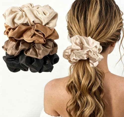 Lolalet Big Satin Scrunchies for Women, 5.9 Inch Large Oversized Scrunchie, Soft Jumbo/Giant Scrunchies Hair Ties for Thick & Curly Hair -4 Pack, Almond/Khaki/Black/Brown - Image 1