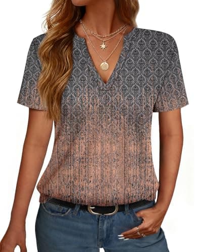NORACORA Women's V Neck Short Sleeve T Shirt Summer Casual Tops Loose Fit Basic Blouses Trendy Fashion for Work Daily Wear Floral-Gray Pink M - Image 1