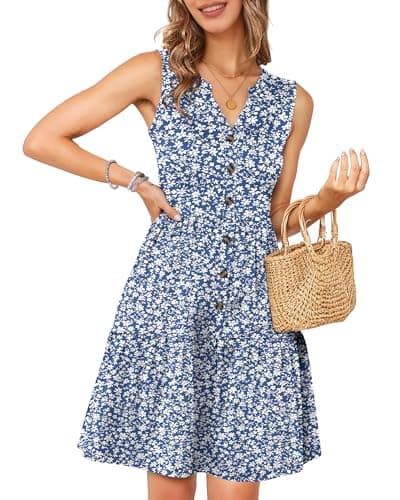 MOLERANI Women Summer Casual Sundress Sleeveless V Neck Button Down Tiered Dresses with Pockets Poolside Petite Lightweight,GY BU S Floral,2XL - Image 1