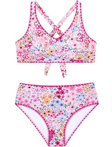HOZIY Girls Swimsuit Teen 2 Piece Bikini Sets Teenager Crisscross Tie Back Bathing Suits Kids Vacation Beach Swim Suit Swimwear Pink Floral Size 16-18
