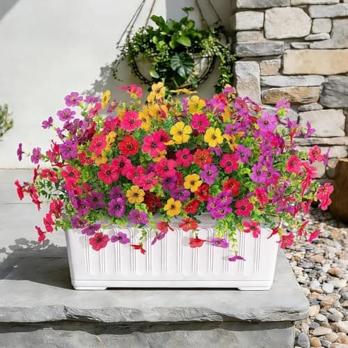 ENXWEI Artificial Flowers for Outdoors, 8 Bundles Faux Silk Spring Flowers for Outside for Planter Front Door Porch Yard Patio Window Box Home Decor (Colour 04-(Yellow+Pink+Rose red)) - Image 1