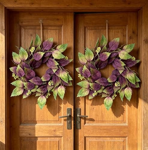2 Pcs 16" Purple Hibiscus & Eucalyptus Leaf Wreath - Artificial Greenery Candle Ring Wreath for Front Door, Porch, Window, Farmhouse & Home Holiday Decor - All Season Wreath - Image 1