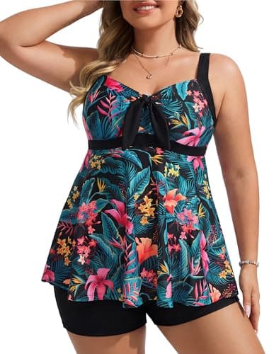 Hanna Nikole Women Plus Size Tankini Swimsuit, Two Piece Bathing Suits with Shorts, 2026 Flowy Swimwear Green Leaves Pink Flowers 24W - Image 1