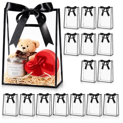BEFEIEULEAQ 16 Pcs Clear Plastic Gift Bags with Ribbon and Handles, 10 x 7 In