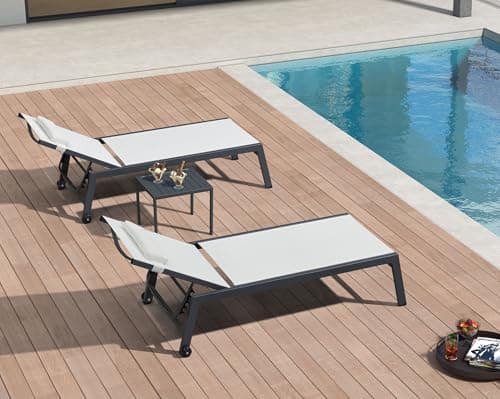 PURPLE LEAF Outdoor Oversized Lounge Chair Set of 3 Patio Chaise Pool Lounger Aluminum Frame with Side Table and Wheels for Outside Sunbathing Tanning Recliner Including Pillows White - Image 1