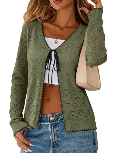 Biodeer Women's Crochet Cardigan Sweater Long Sleeve Tie Front Top Pointelle Hollow Out Knit Shrug Green - Image 1