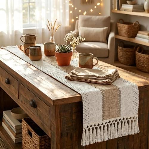 yuboo Boho Coffee Table Runner 48 Inch, Spring Farmhouse Burlap Dresser Runner Scarf, Rustic Macrame Runner for Round Table, TV Stand, Entryway Console, Neutral Easter Decor - Image 1