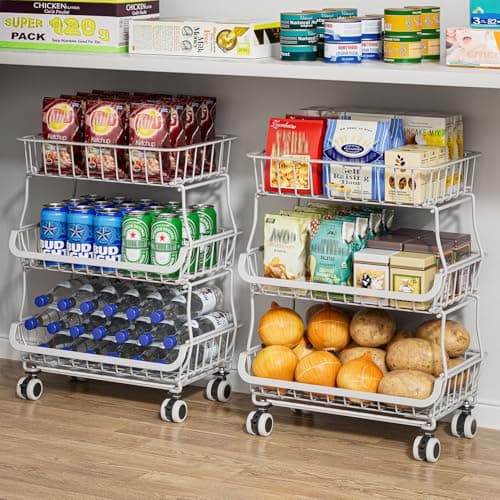 MJIMKE 3-Tier Rolling Cart with Wheels - Stackable Wire Baskets for Pantry Organization and Kitchen Storage, Floor & Countertop Fruit Organizers Vegetable Rack for Coffee Snack Onion Potato, Metal - Image 1