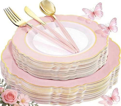 WDF 30Guest Pink Plates Disposable - Hign-end Baroque Design - Gold Plastic Silverware with Handle-Baroque Pink &Gold Plastic Dinnerware for Baby Shower/Wedding/Spring/Mother's Day - Image 1