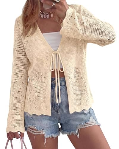 BTFBM Summer Cardigans for Women Lightweight 2026 Spring Crochet Hollow Out Long Sleeve Tie Front Beach Vacation Coverups(Apricot, XX-Large) - Image 1