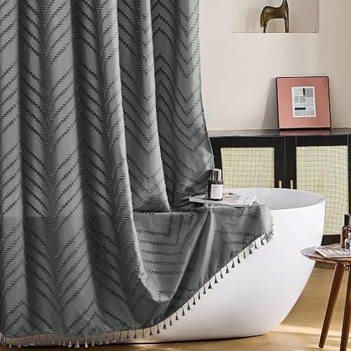 Siiluminisoy Extra Long Grey Boho Shower Curtain with Tassel, Woven Fabric 96 in Shower Curtain, Tufted Chevron Striped, 72 x 96, Modern Chic Textured Minimalist Bathroom Shower - Image 1