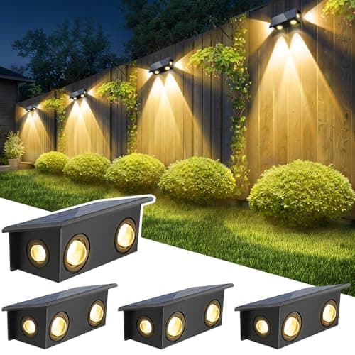 T-SUN Solar Fence Lights Waterproof LED Wall Lights Outdoor with 2 Bright Modes Warm White Solar Powered Dusk to Dawn Fence Light for Backyard Railing Patio Porch Pool 4 Pack - Image 1