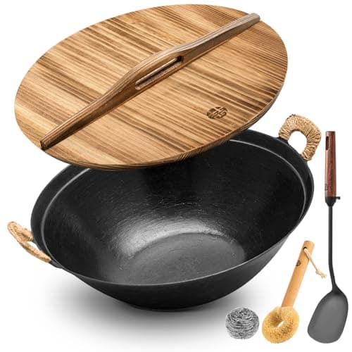 WANGYUANJI 13.4 Inch Cast Iron Wok with Wooden Lid and Iron Spatula, Flat Bottom Double-Handle Chinese Stir Fry Pan, Uncoated Cast Iron Wok for Induction, Gas and Electric Stoves - Image 1