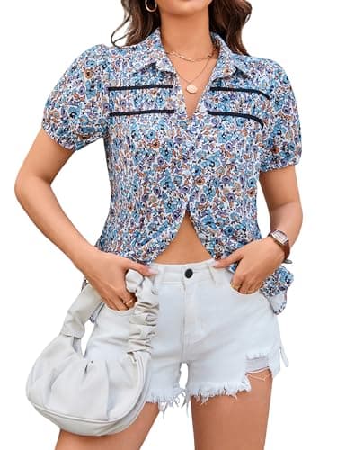 AOVDE Women Floral Leopard Button Down Shirts Puff Sleeve Blouse Contrast Trim Casual Dressy Summer Tops - Image 1