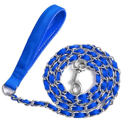 LUFFWELL Heavy Duty Metal Dog Chain Leash with Comfortable PU Leather Padded Handle, Chew Proof for Medium Large Pooch Walking Training (6FT 3.5mm Blue)