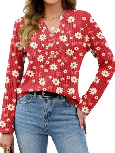 VUTRU Henley Sweaters for Women Pullover Long Sleeve Tunic Top Boho Casual V Neck Boutton Blouse, Red Floral M - Image 1